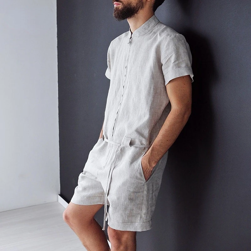 

Комбинезон мужской с коротким рукавом, хлопково-Льняная короткая футболка с воротником-стойкой, на молнии, средней посадки, из пеньковой тк...