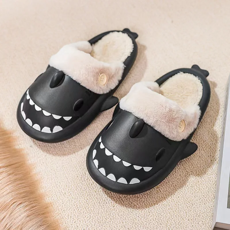 SENDNAKAI New Detachable Shark EVA Cotton Drag Waterproof and Anti slip Couple Home Warmth Plush Cotton Shoes Soft Sole Silent