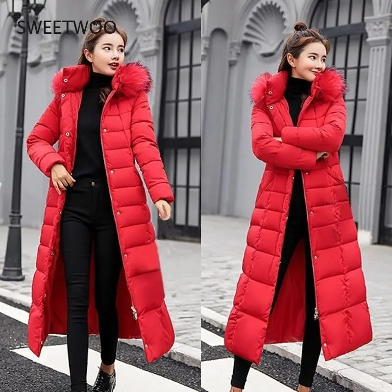 2021 new winter jacket women's warm fashion bow belt fox fur collar coat long dress women's thick coat