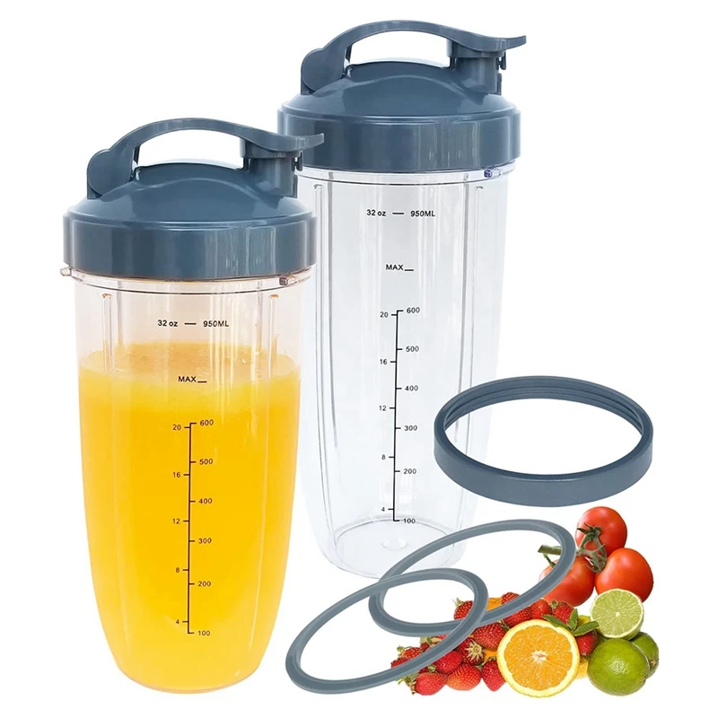 

32Oz Replacement Blender Cups With Flip-Top To-Go-Lid And Rubber Gaskets Compatible For Nutribullet 600W 900W Blender