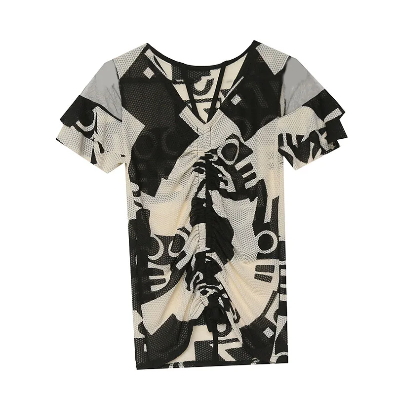 Женская футболка с коротким рукавом V-образным вырезом и принтом |