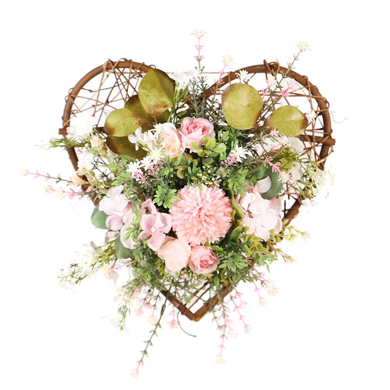 

Three-dimensional peach heart ball chrysanthemum Eucalyptus wall hanging flower heart-shaped rattan simulation ball chrysanthemu