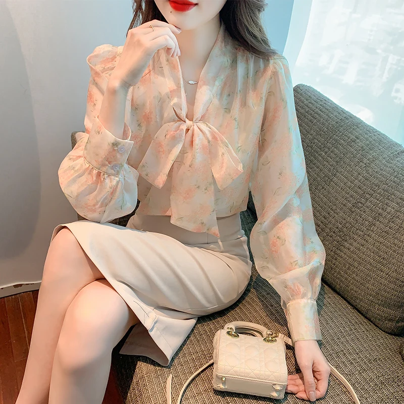 

Chiffon Shirt for Women Summer 2023 New In Print Blouses Slim Fit Fashion Long Sleeve V-Neck Top Bow French Style