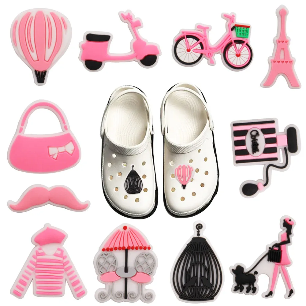 

50 шт. ПВХ садовая крокса Jibz Пряжка горячий воздушный шар сумочка мотоцикл птичья клетка велосипед платье духи башня женщина обуви талисманы