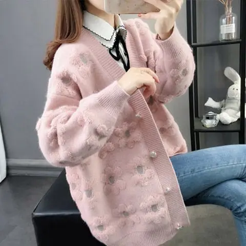 

Knitted Cardigans Women Harajuku Brown Sweater Autumn and Winter 2023 New Loose Tops Casual Vintage Embroidery Warm Coat T179