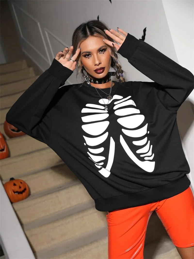 

2022 Autumn Style Skeleton Frame Printed Round Neck Sweater Women's Dark Style Loose Street Casual Top