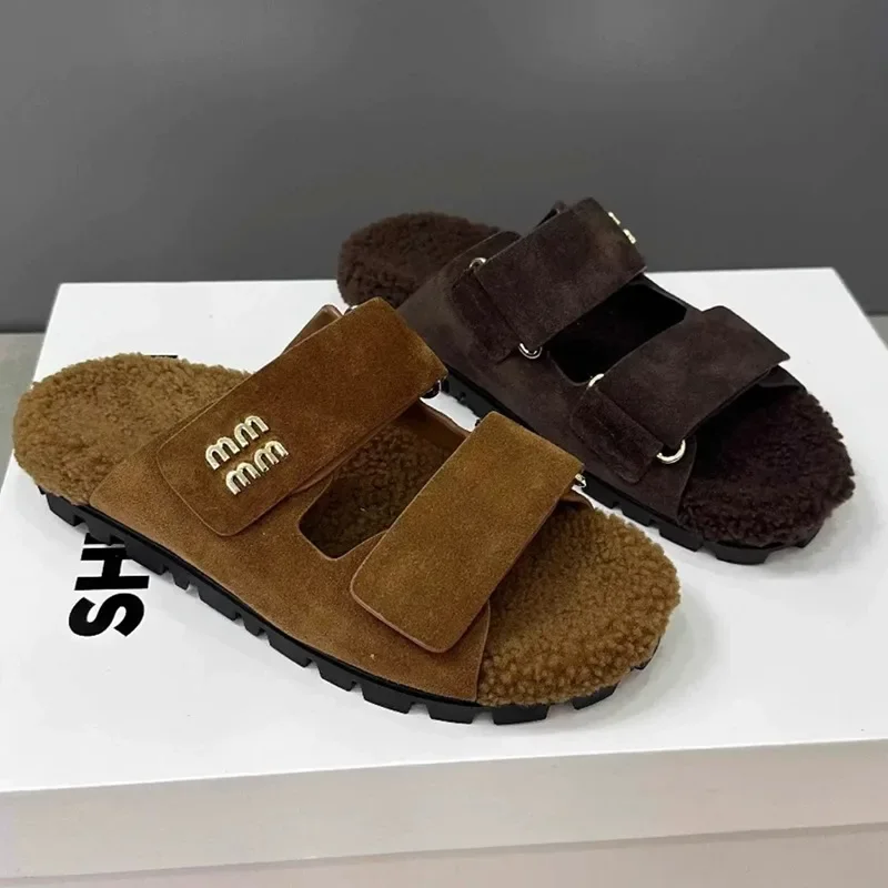 Женские замшевые меховые тапочки на плоской подошве повседневные туфли-лодочки