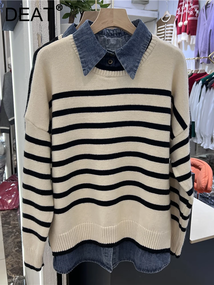 

DEAT Women's Knitting Sweater Fake 2 Pcs Spliced Denim Collar Panelled Striped Loose Pullover 2023 Autumn New Fashion 29L3206