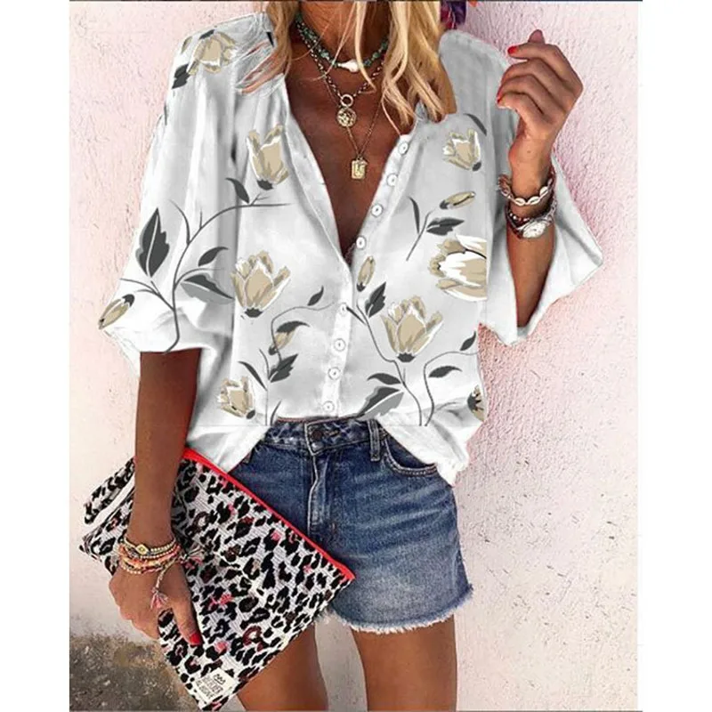 

Indie Floral Print Long Sleeve T-shirts Women Plus Size Loose Casual Commute Tops Spring Autumn Oversized Single Breasted Tunic