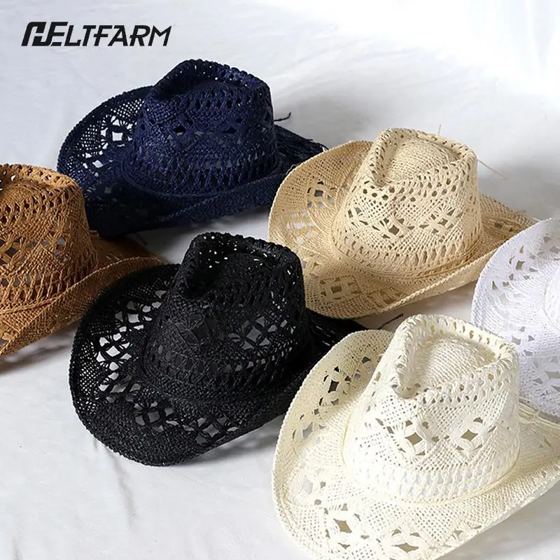 

Crochet Cowboy Straw Hat Women Men Casual Handmade Hollow Out Cowgirl Hat Solid Color Outdoor Wide Brim Beach Cap