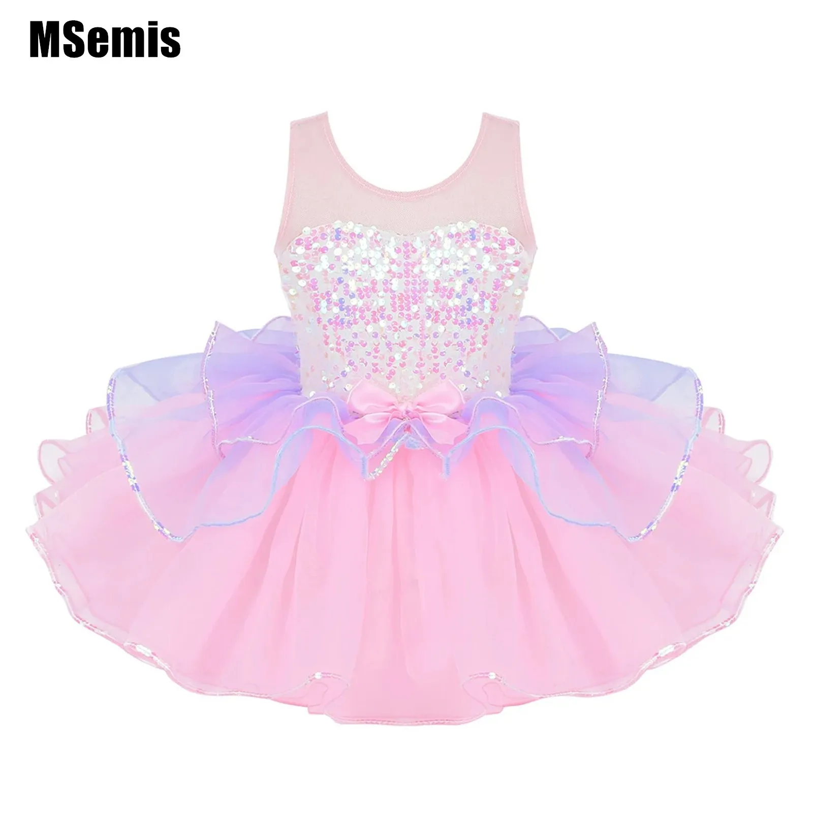

Kids Girls Dancewear Shiny Sequins Mesh Splice Bowknot on Waist Ballet Dance Gymnastics Leotard Tutu Dress