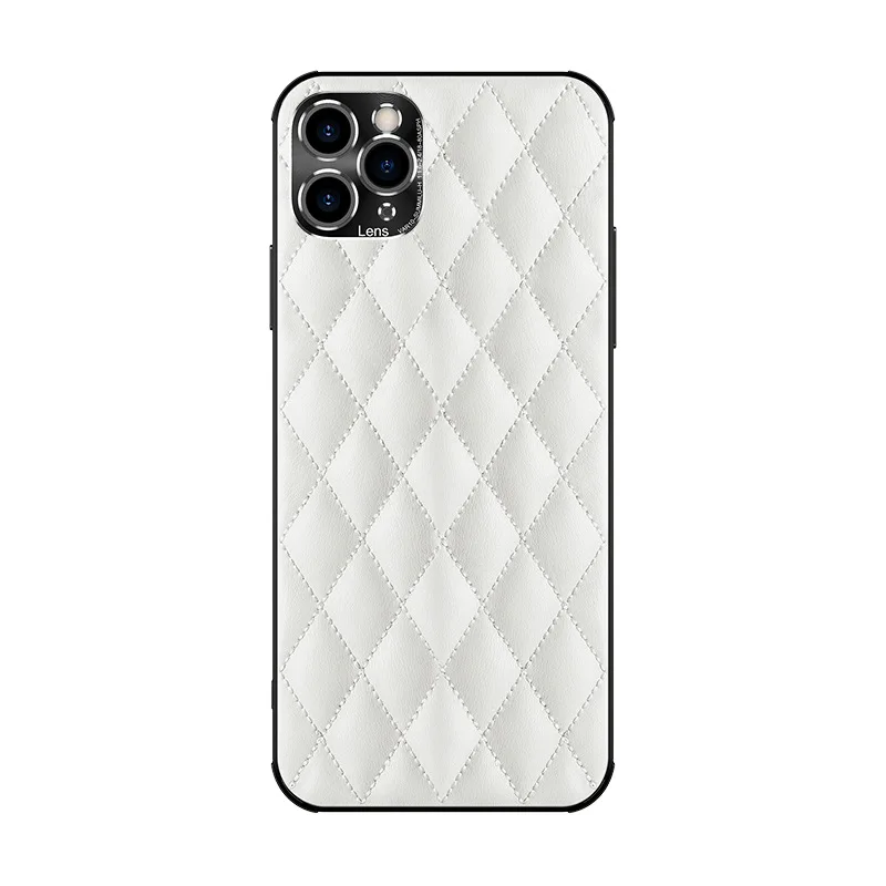 Leather Diamond Check Embossed Phone Shockproof Case For Iphone 12 Mini 14 11 13 Pro Max Lens Protection Soft Women'S Fundas