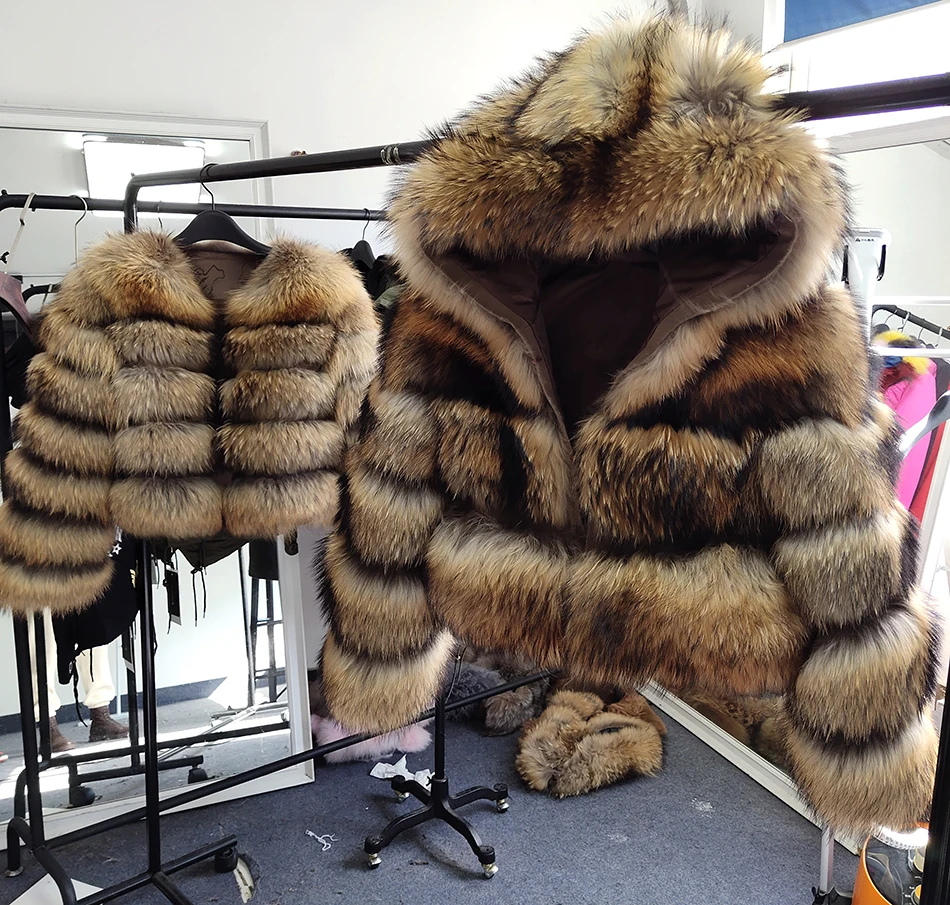 MAOMAOKONG Fur Coat Winter Real 100% Natural Raccoon Fur Women's Coat Fluffy Top Coat With Hooded Jacket Manteau Femme