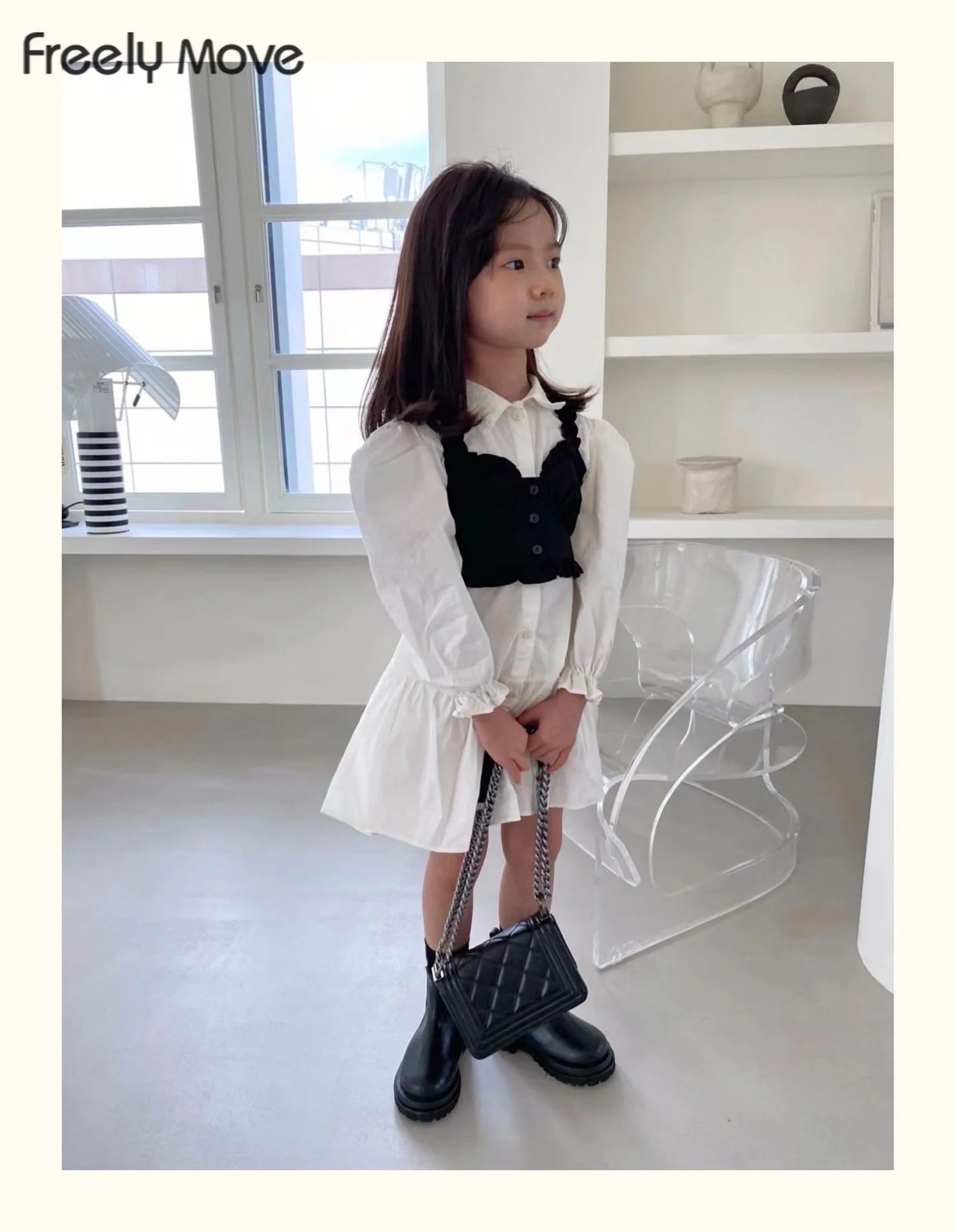 

Freely Move Fashion Kids Girls Summer Clothes Sets 2pcs Solid Color Ruffles Strap Sleeveless Crop Tops + Lapel Shirt Dresses