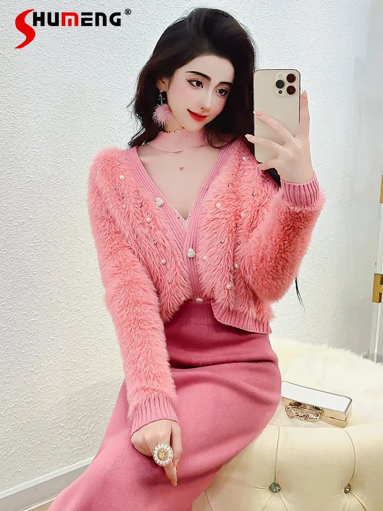 

Sweet Pink Mink Fur Knitted Cardigan for Women 2022 New Fall Winter Clothes Heavy Embroidery Hot Drilling Cropped Sweater Coat