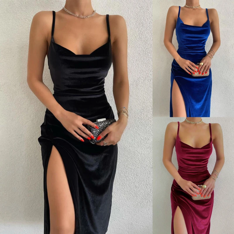 

Velvet Swing Collar Sleeveless Slip Sexy Slit Maxi Dress New Fashion Evening Party Women Elegant Streetwear Y2K