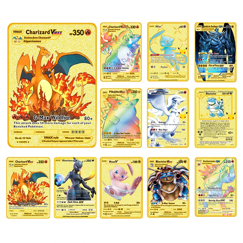 

Pokemon Pikachu shiny Cards Metal Charizard Gx Vmax V Ex Eevee Mewtwo anime Game Battle Collection pokemon Gold Card child toy