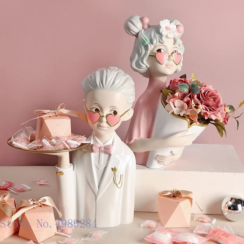 

Creativity Figure Statue Cartoon Couple Dress Wedding Tray Flower Arrangement Desktop Storage Ornaments Home Decoration