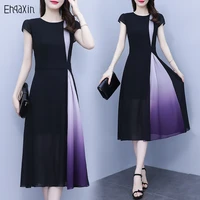 ehqaxin 2022 summer ladies dress fashion purple stitching long temperament chiffon short sleeve dresses for female l 5xl