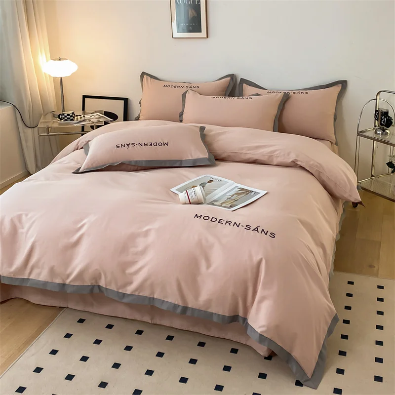 

Однотонный простой хлопковый комплект из трех предметов Комплект постельного белья из четырех предметов Пододеяльник Простыня наволочка розовый