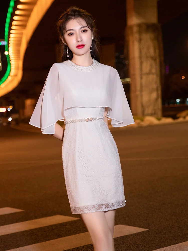 White evening dress, spring dress, can be worn in short style, light luxury, high-end fishtail lace, banquet style dress