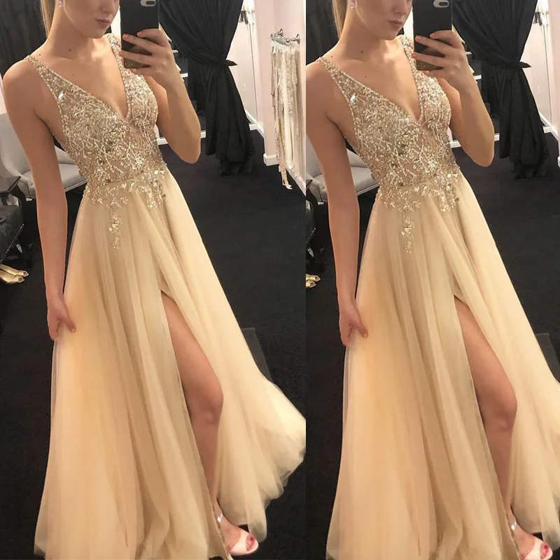 Sexy Spaghetti Straps Evening Dresses New Arrival V-Neck Rhinestones Beading Formal Prom Gowns With Slit Robe De Soiree