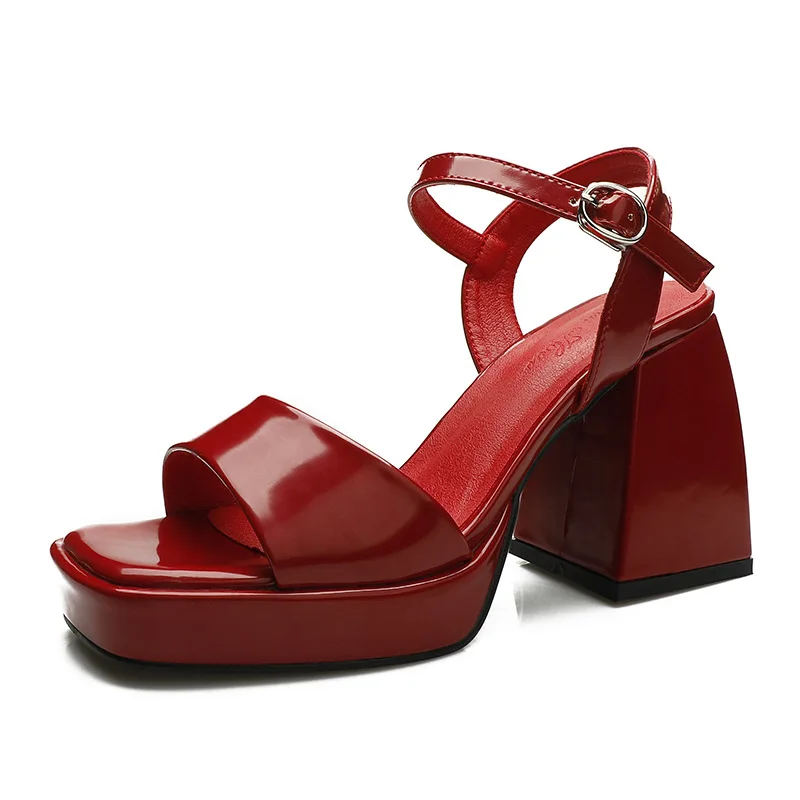 

Women Shoes High Heel Chunky Sandals Square Toe Ladies Mary Jane Fashion Patent Leather Platform Sandalias Zapatos