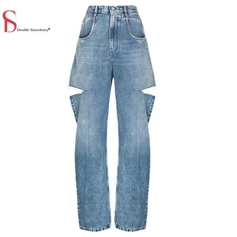 

Denim Cotton Autumn and Winter Women's Knife Cut Holes Wide Leg Loose Long Pants High Waist Jeans
