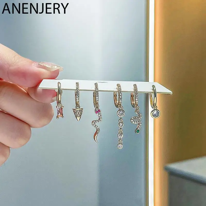 

DAYIN 6 Pieces/set 925 Stamp Silver Snake Zircon Tassel Cone Pendant Hoop Earrings Set For Women Individuality Jewelry