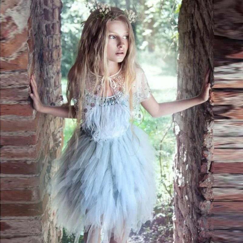 Платье с подтяжками и перьями для девочек бутиковое платье бисером блестками