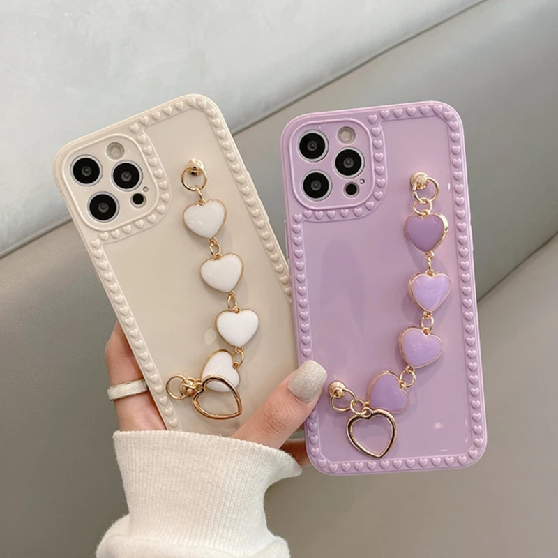 

Korea 3D Love Heart Metal Bracelet Wrist Chain TPU Phone Case for Samsung A32 52 72 12 51 71 30S 50 70 11 02 S20 Plus Note 10 20