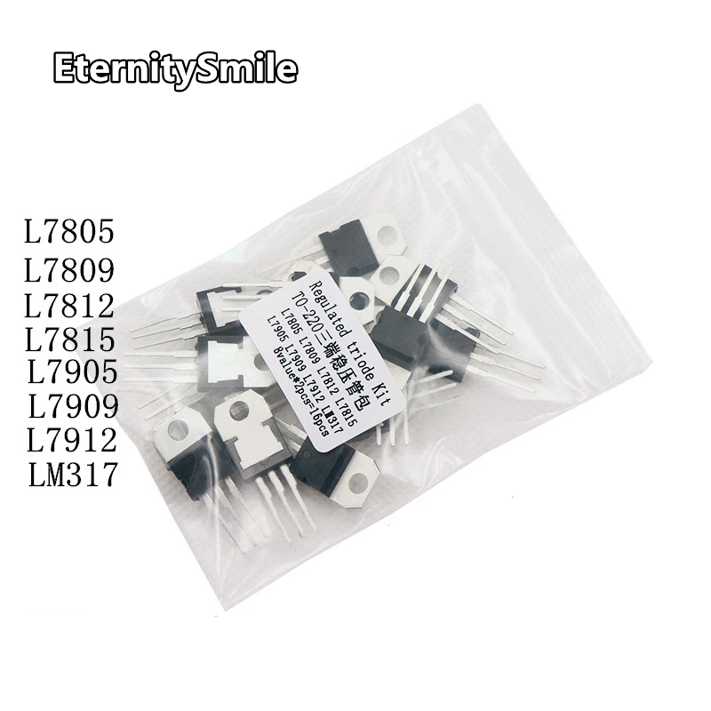 

8Value*2pcs=16pcs Transistor Assorted Kit L7805 L7812 LM317 L7809 L7815 L7905 L7909 L7912 TO220 Voltage Regulator IC 5V/12V 1.5A