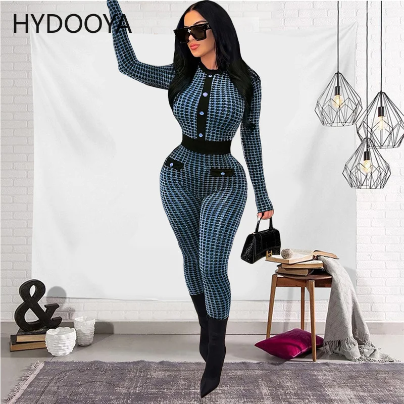

Sexy Plaid Printed Gold Line Bodycon One Piece Jumpsuits for Women Vintage Buttons Long Sleeve Slim Skinny Rompers Woman Clothes
