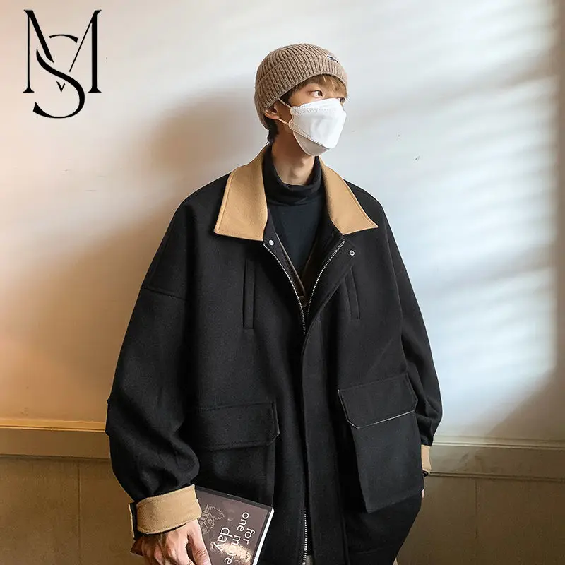 

MS European and American hiphop trench coat Men's spring and autumn short large woolen coat Loose vintage high-grade jacket