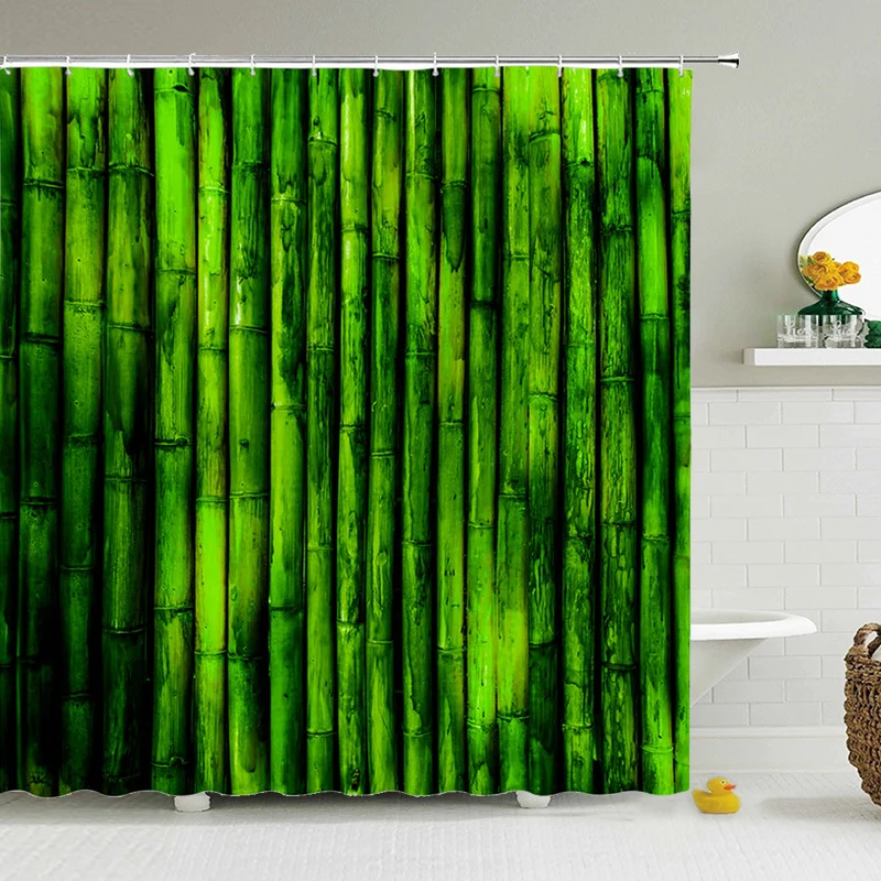 

Green Bamboo Shower Curtains Spring Plant Scenery Bird Koi Leaf Zen Garden Bath Curtains Bathroom Home Decor Waterproof Screens