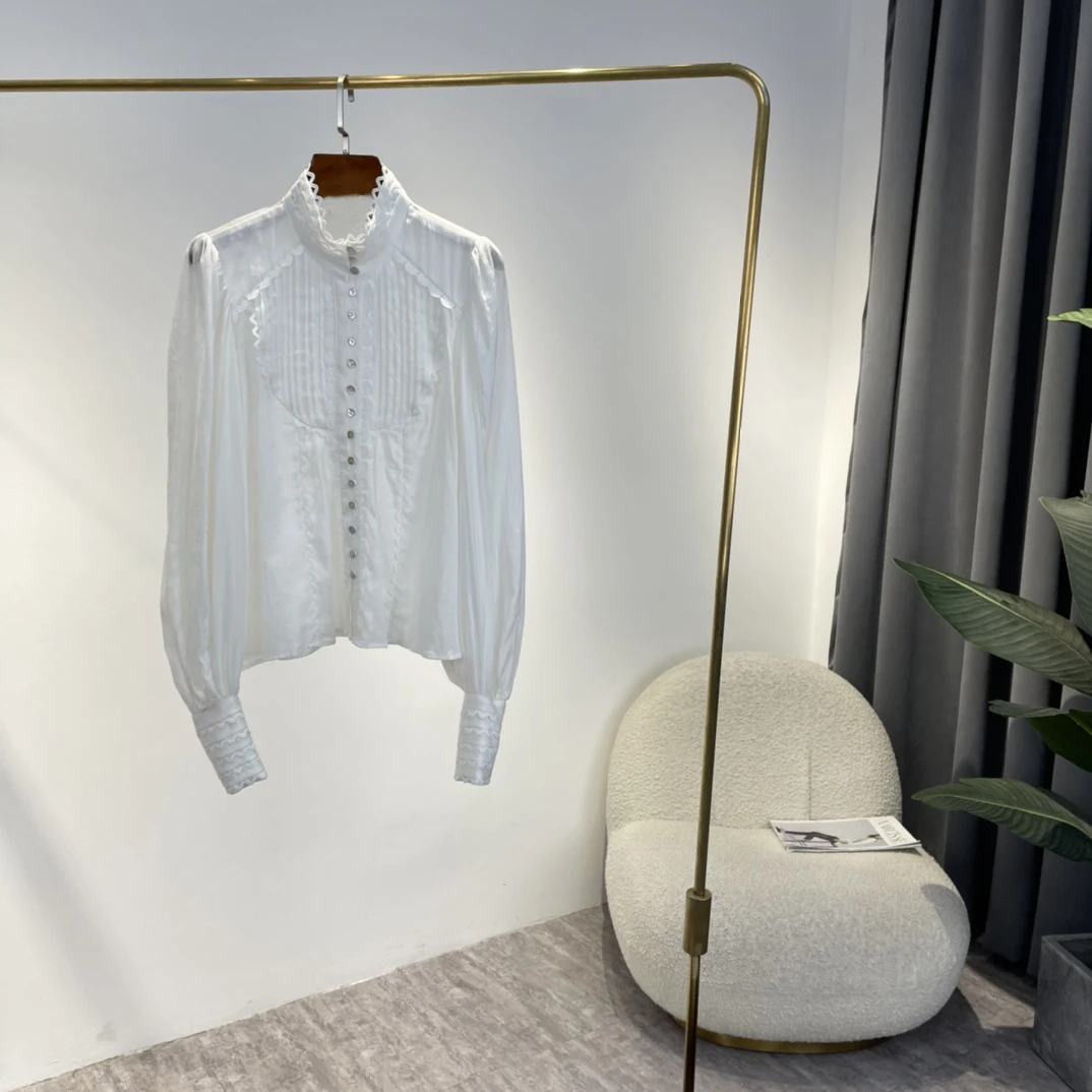 

White Blouses And Shirts 2022 Spring New Top Quality Ramie Embroidered Patchwork Pleat Designer Clothes