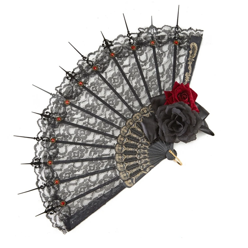 

Vintage Rose Lace Fan Dark Gothic Lolita Hand Fan Halloween Cosplay Props Gift