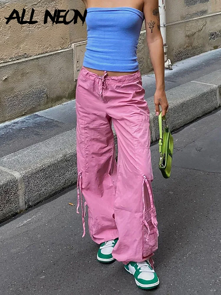 

ALLNeon Street Style Y2K Vintage Light Pink Baggy Cargo Pants 90s Aesthetics Retro Big Pocket Trim Wide-Leg Trousers Full Length