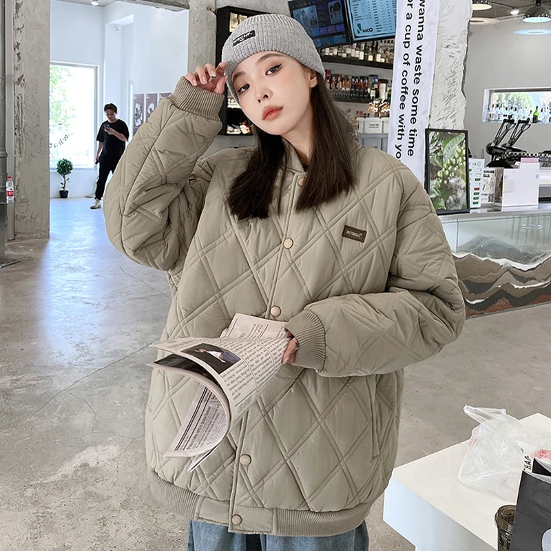Winter Women's Solid Long Sleeve Baseball Jersey Loose Fashion Plus Cotton Ladies Thermal Padded Jacket All-match Lingge Parka