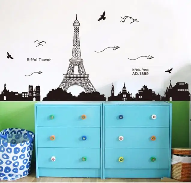 Стильные черные настенные наклейки с изображением Парижской башни и города 60*90