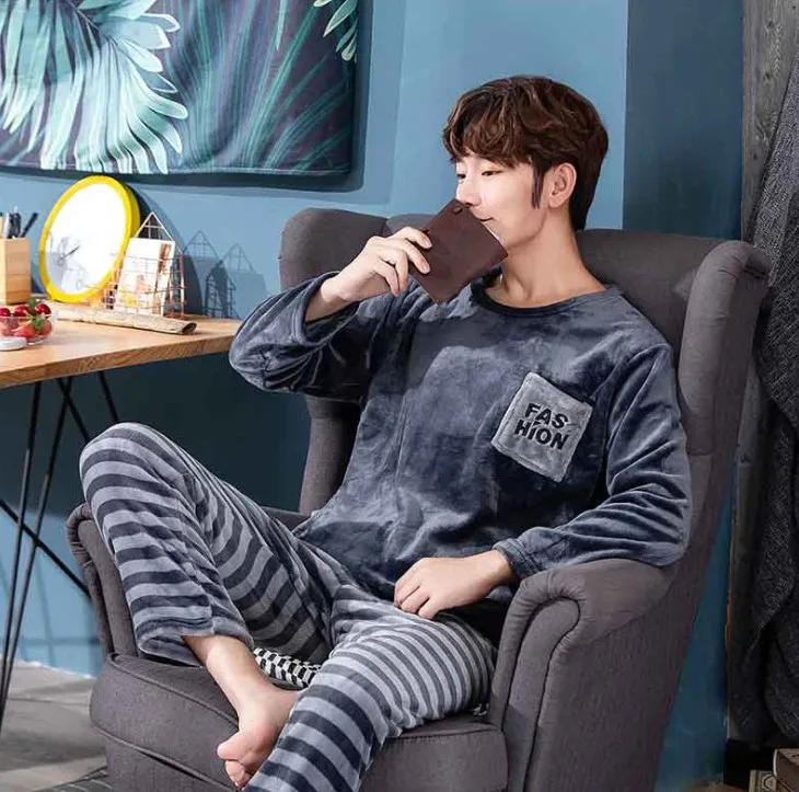 Men's Pajamas Set Autumn Winter Warm Flannel Thicken Male Pajamas Long Sleeve Sleepwear Top+Pants 2PCs Casual Homewear Clothes