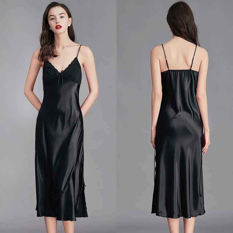 New Sexy Women's Nightwear Satin Nightgown Belt Nightgowns Casual V-Neck Nightdress Nighties Fashion Dress Sleepwear Peignoirs