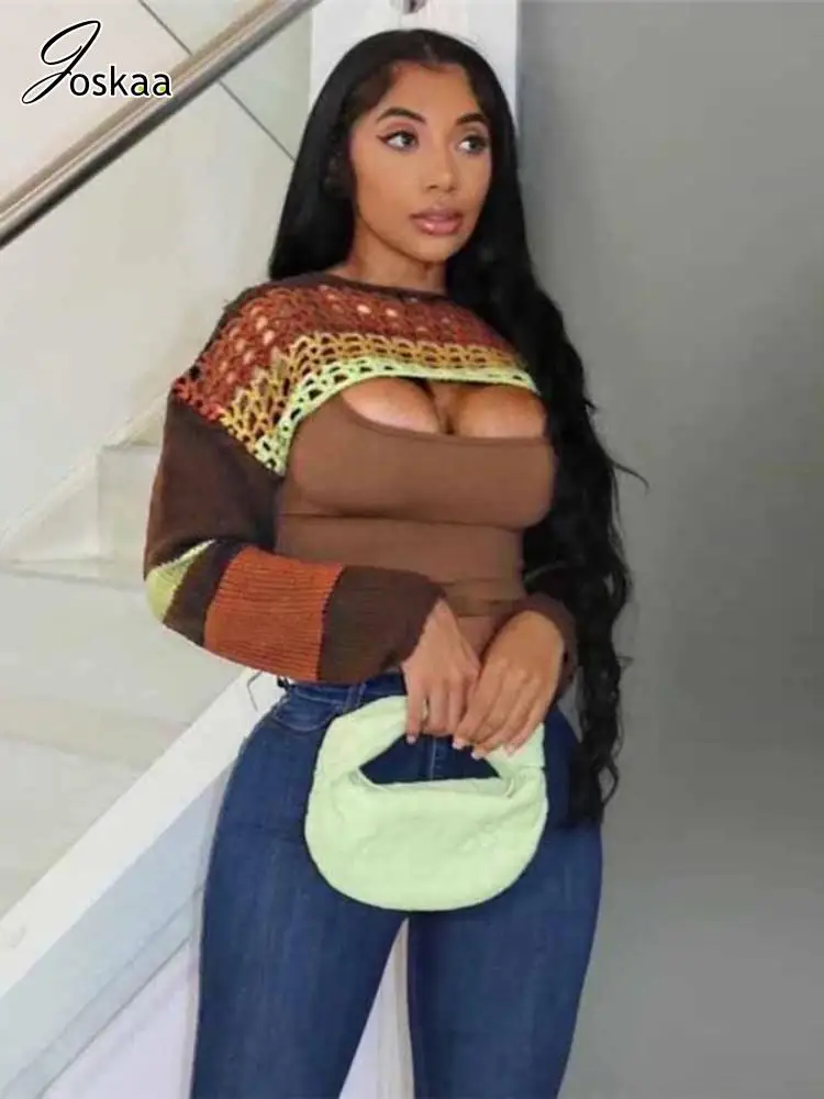 

Joskaa Knitted Striped Patchwork Sweaters Women Hipster Long Sleeve Super Short Pullovers Tops Autumn 2023 Harajuku Streetwear