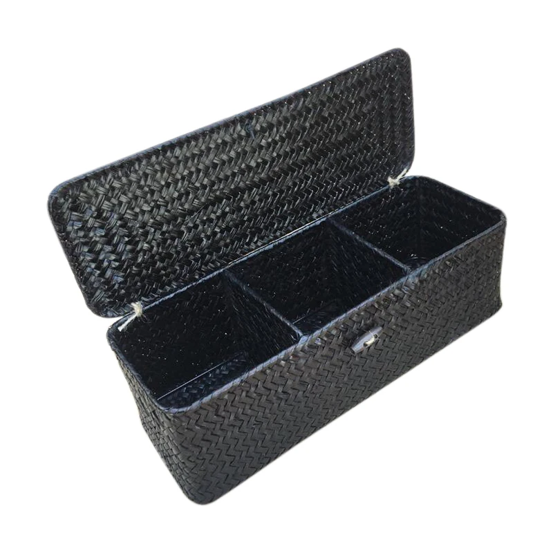 

3 Compartment Storage Box Wicker Rattan Basket With Cover Sundries Holder Case Container Desktop Organizer