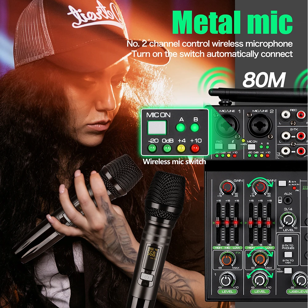 4 Channel USB Audio Mixer with Wireless Microphone Studio Sound Mixers with Bluetooth REC DJ Console Mixing for Karaoke