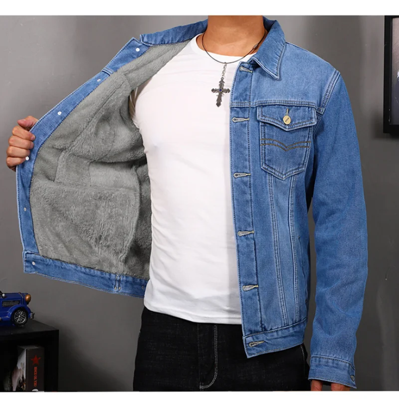 Мужская джинсовая куртка винтажная простая повседневная из 2021 плюша утепленная