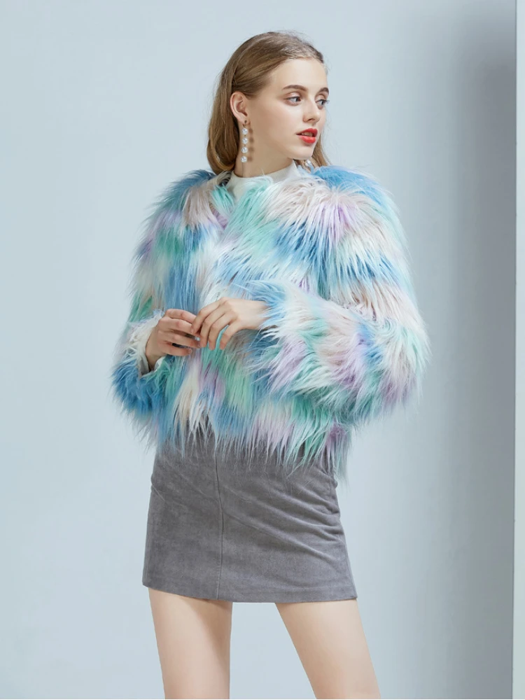 Fashion Blue Ice Cream Macaron Color Faux Fur Coats Women 2022 Winter Warm Plush Cardigan Ladies Office Outwear Fluffy Jackets