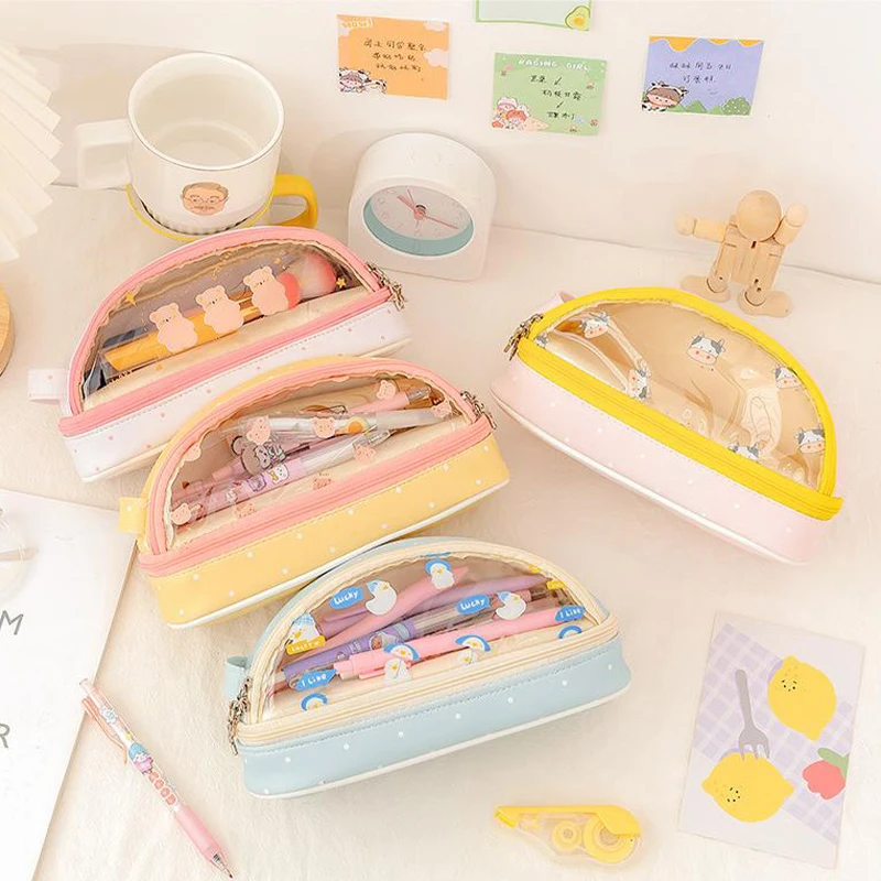 

Large Capacity Transparent Double Layer Pen Box Student Zipper Pencil Case Multi-Purpose Stationery Storage Bag School Supplies