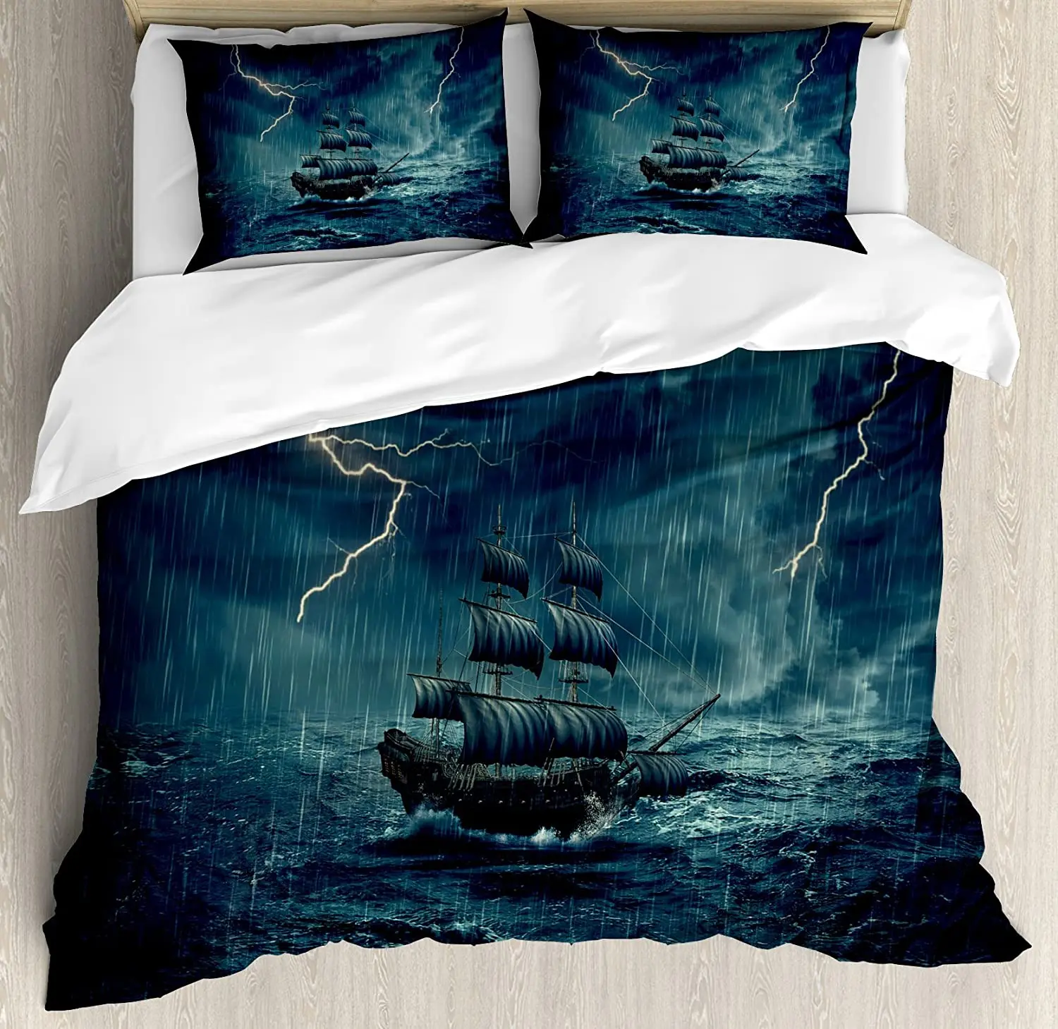 

Landscape Double Bed Duvet Cover Set Stormy Rainy Weather Waves Pirate Vintage Ship Sailing Oil Paint Bedding Set
