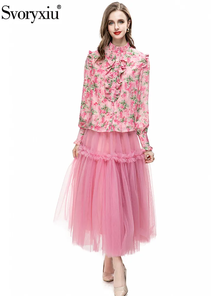 

Svoryxiu Fashion Spring Autumn Vintage Skirt Suit Women's Lantern Sleeve Button Ruffles Print Shirt+Gauze High Waist Skirt
